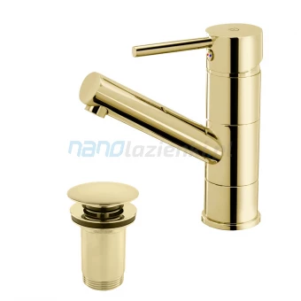 FDesign FLUSSO FD1-FLS-2A-55 Bateria umywalkowa z obrotwą wylewką i korkiem klik-klak złota